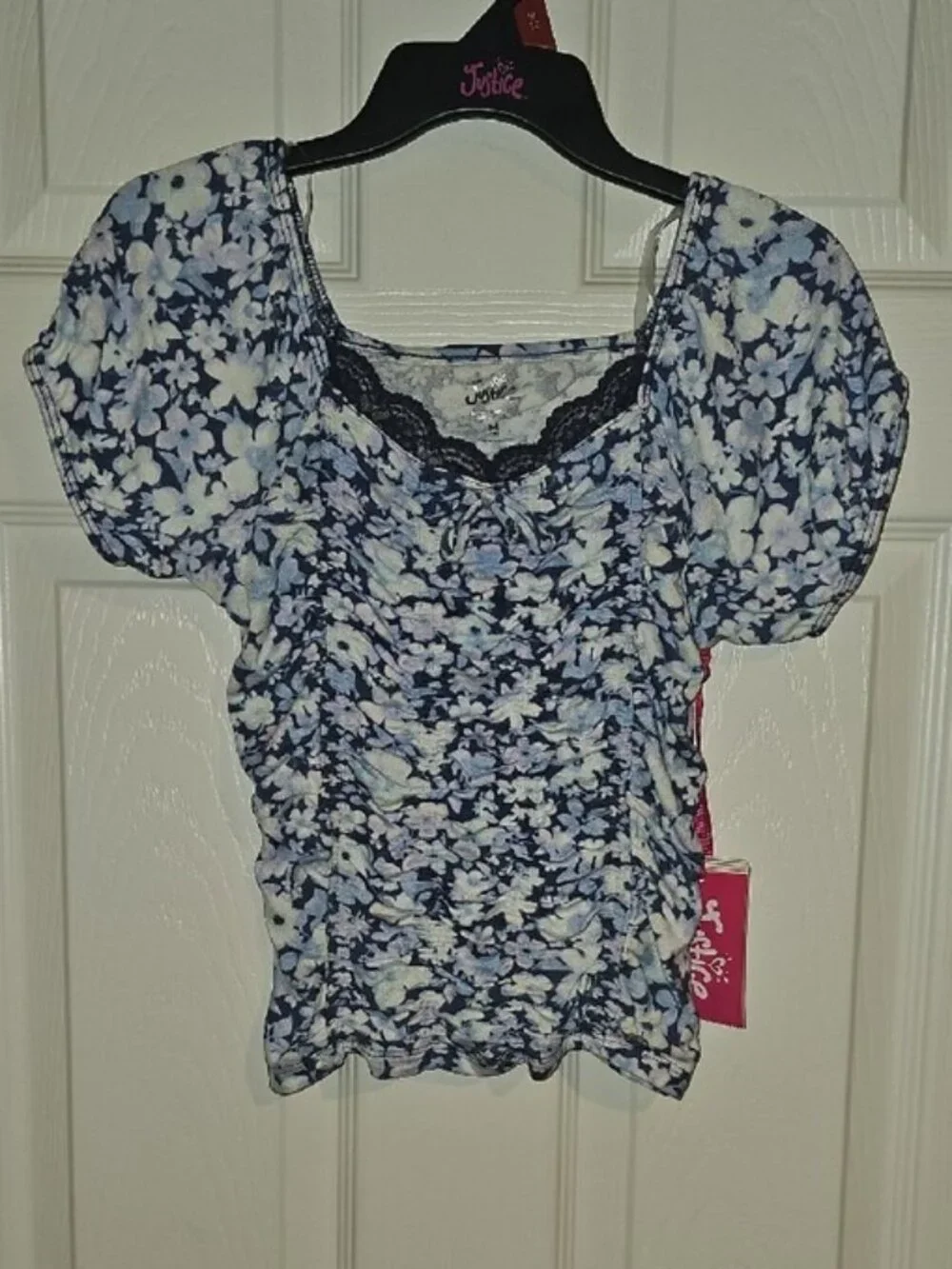 Justice Girls Med 10 Navy, White Floral Short Puff Sleeves Ruched Crop Top New